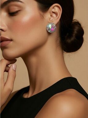 Iridescent Round Crystal Stud Earrings - Multicolor.  2 pairs of earrings